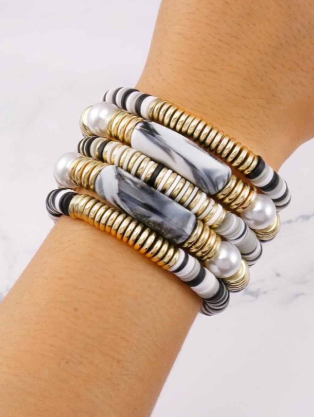 ​5Pc Black White Heishi Bead Bracelet Stack Gold Marbled Acrylic Pearl Set